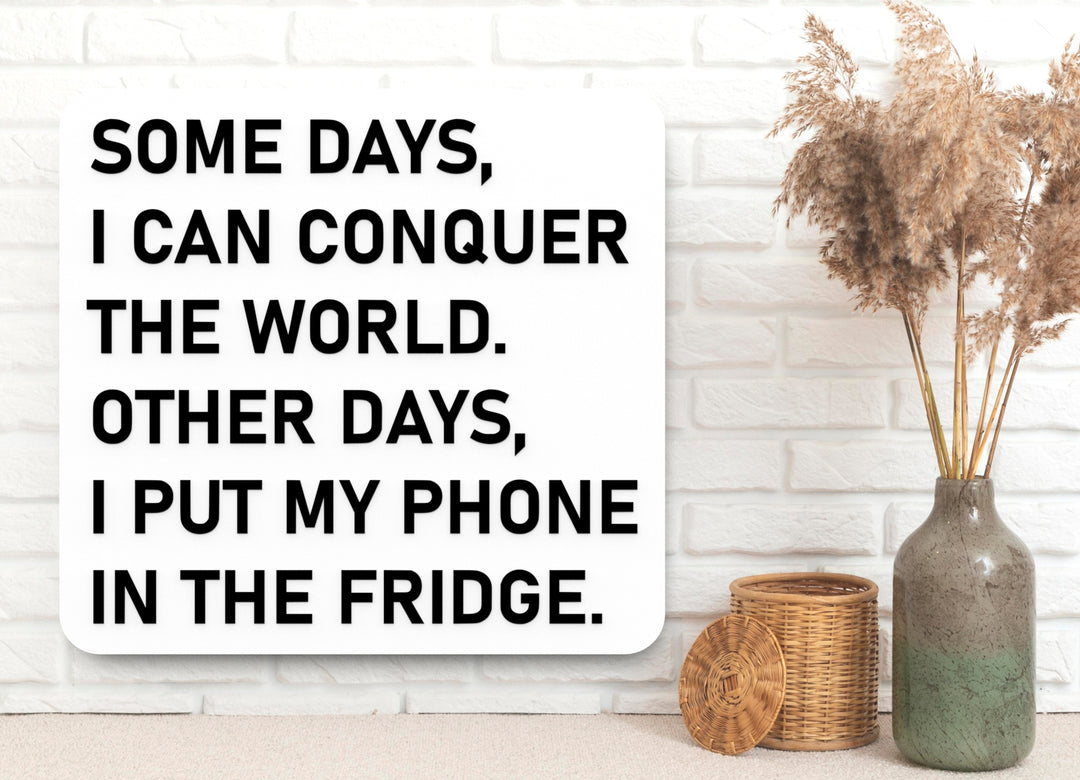 Some Days I Can Conquer The World Other Days I Put My Phone In The Fridge | Funny Sign for Home or Office