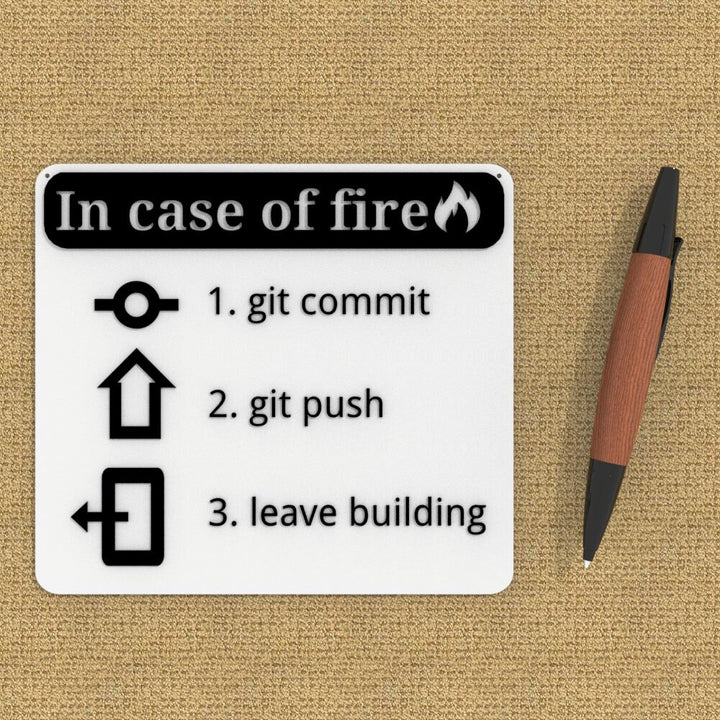 Funny Sign | In Case Of Fire - Git Commit , Git Push , Leave Building