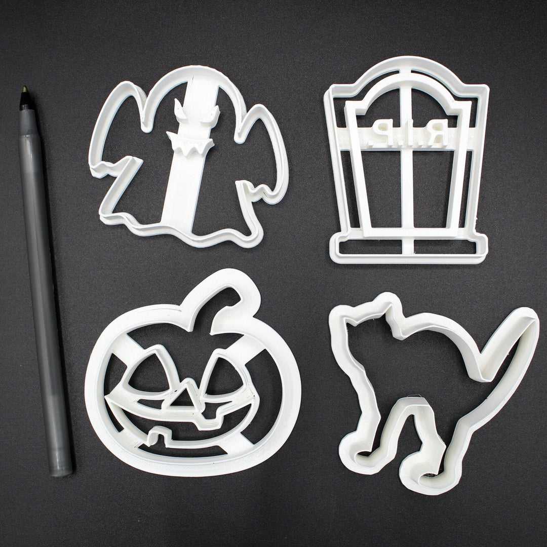 Set of Halloween Cookie Cutters | 1) Ghost 2) Cat 3) Gravestone 4)Jack-o-lantern