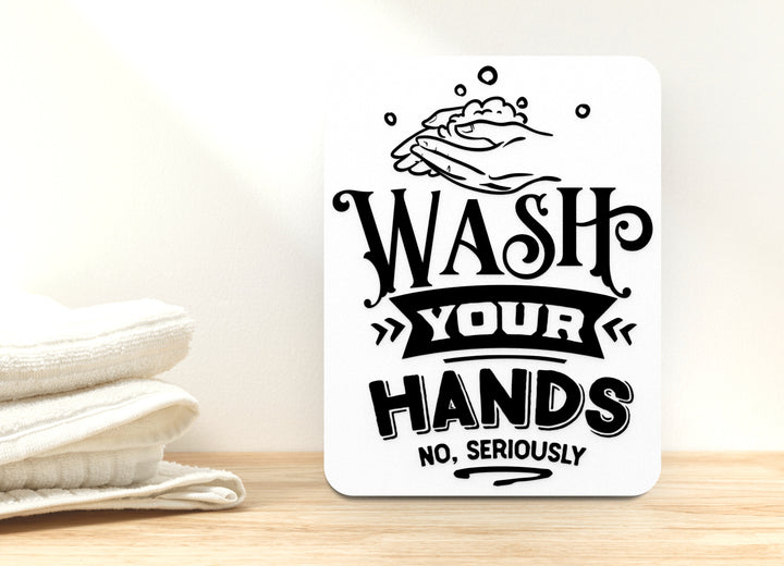 WashHands 3D Printed Bathroom Wall Sign - Black Embossed Letters on White PLA - Lightweight, Durable, Eco-Friendly - Made in USA