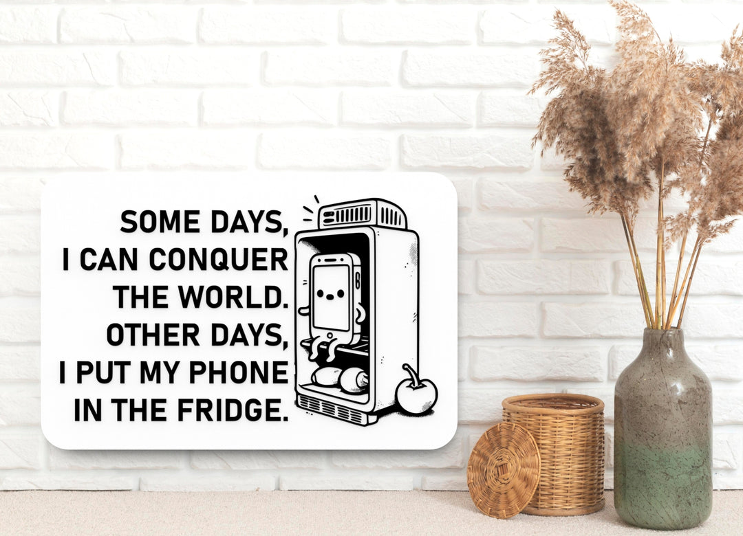 Some Days I Can Conquer The World Other Days I Put My Phone In The Fridge | Funny Sign for Home or Office