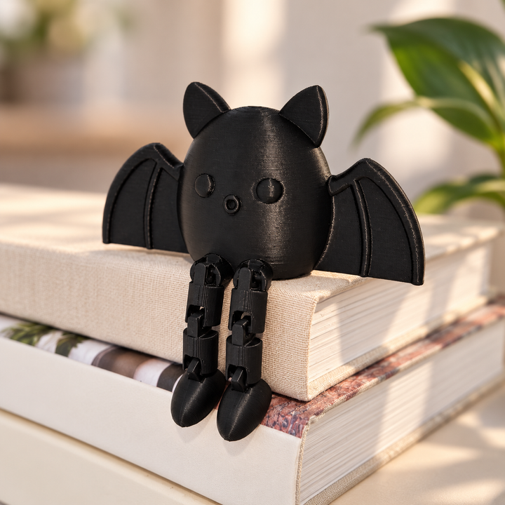 Black bat shelf sitter resting on a stack of books