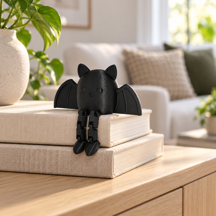 Black bat displayed on books in a living space