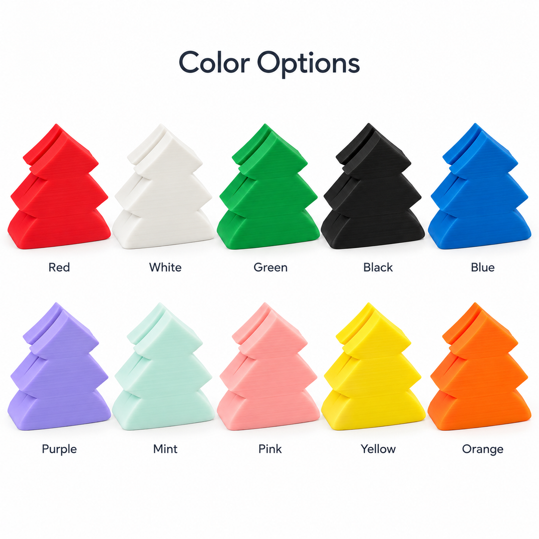 Tree-shaped card holders in ten example colors; each set includes three holders in the selected color