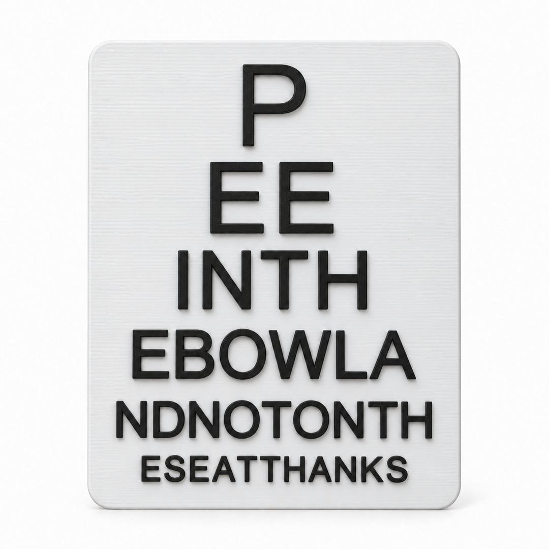 Funny bathroom eye chart sign with raised black letters on a white panel, front view