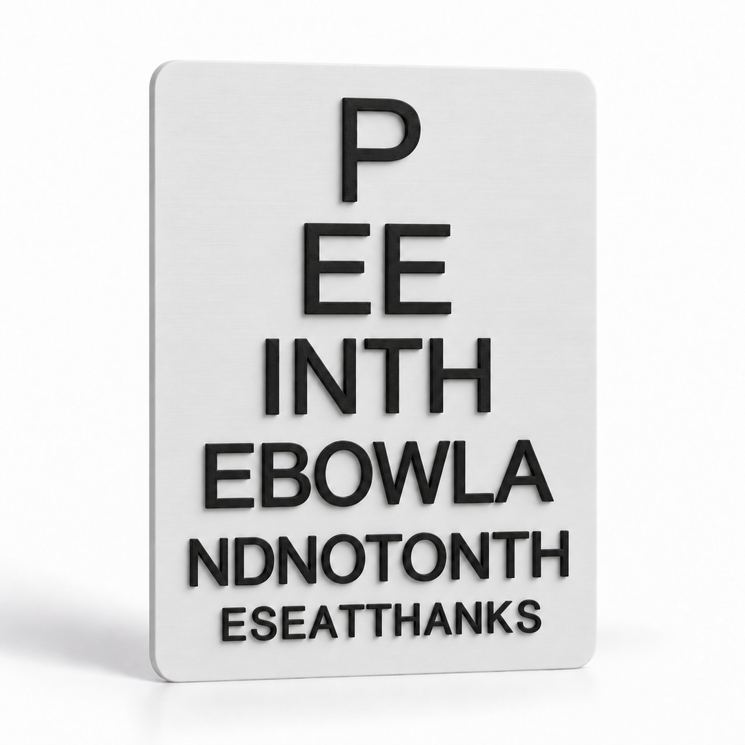 Bathroom eye chart sign, left angled view