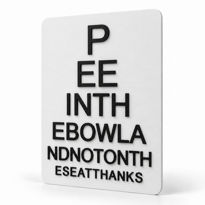 Bathroom eye chart sign, right angled view
