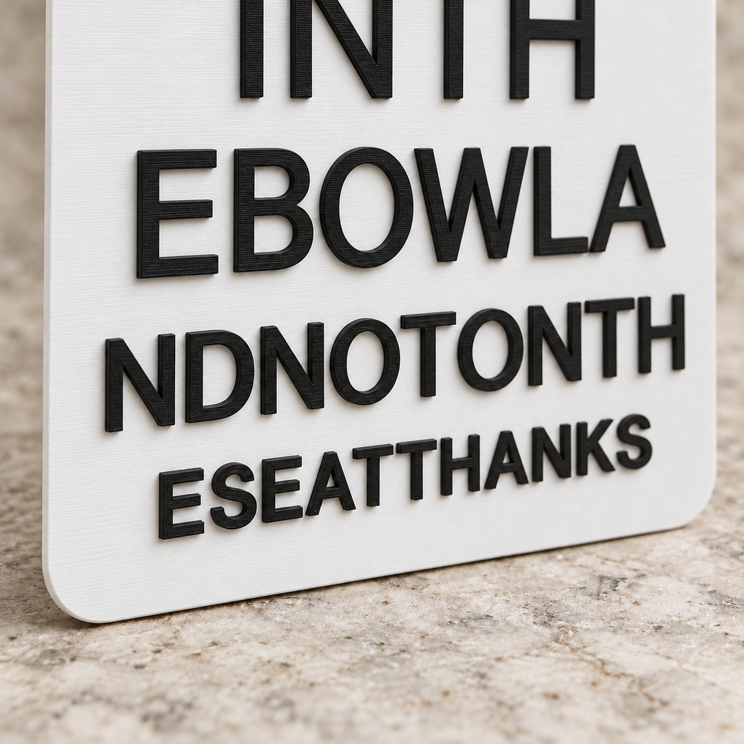 Detail of the lower lettering on the white bathroom sign