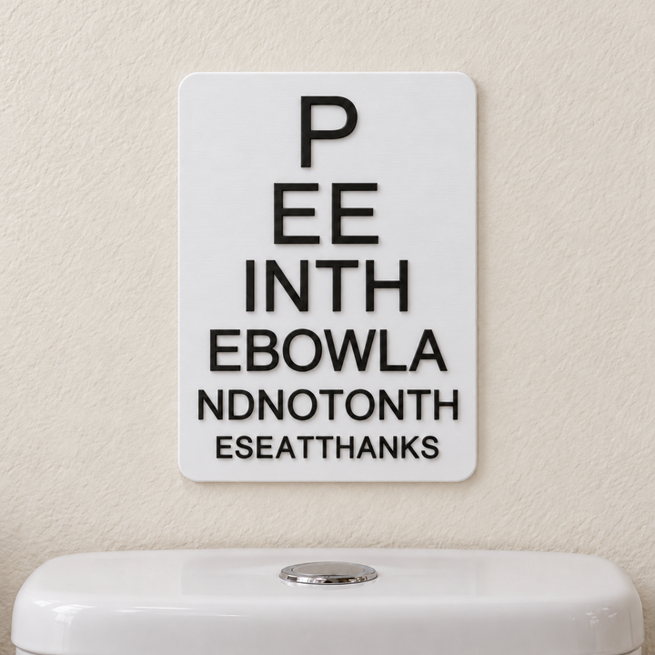 Bathroom eye chart sign displayed above a toilet
