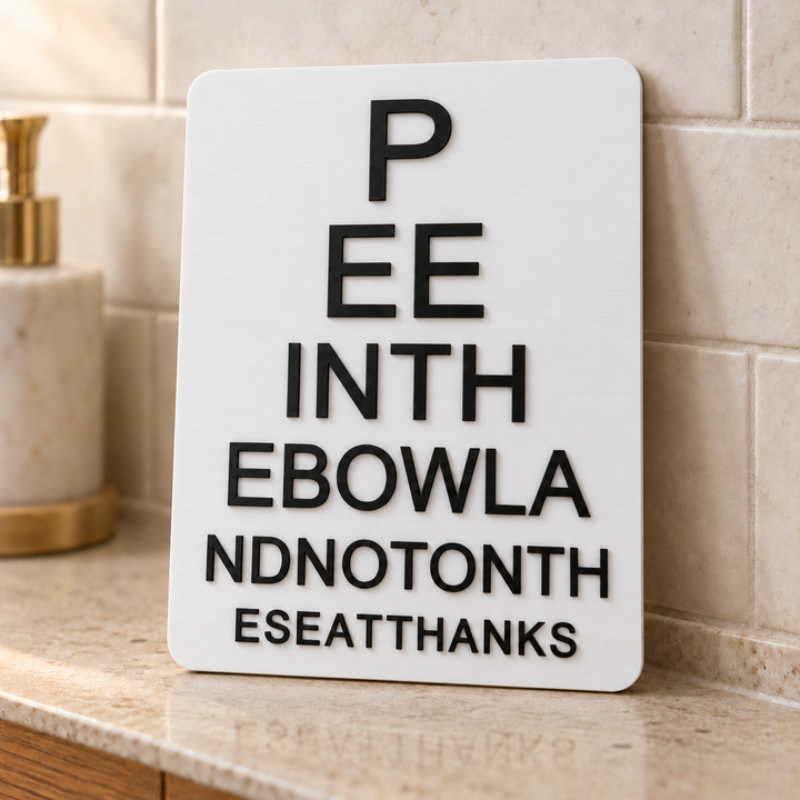 Bathroom eye chart sign on a bathroom counter