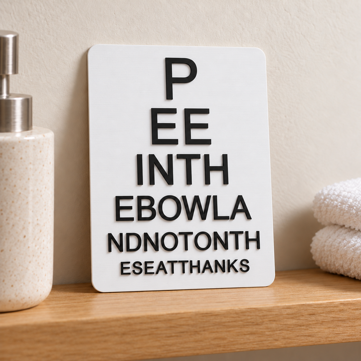 Bathroom sign styled on a wooden shelf