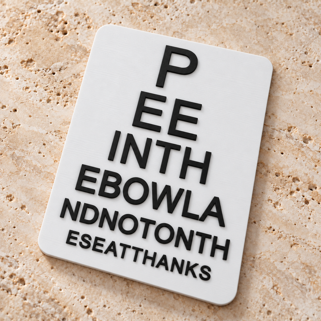 Bathroom eye chart sign lying flat on a textured surface