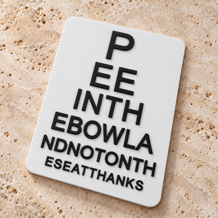 Bathroom eye chart sign lying flat on a textured surface