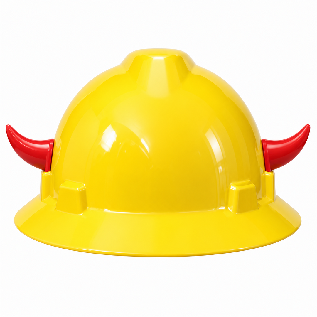 Pair of red decorative horns attached to yellow demonstration hard hat; hat not included