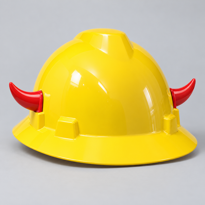 Angled view of red decorative horn pair mounted on yellow demonstration hard hat