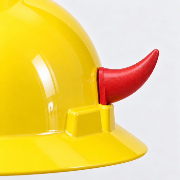 Close-up of decorative red horn accessory and attachment base on yellow hard hat