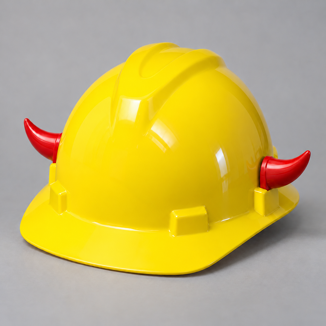 Side angle of red decorative hard hat horns shown on yellow helmet
