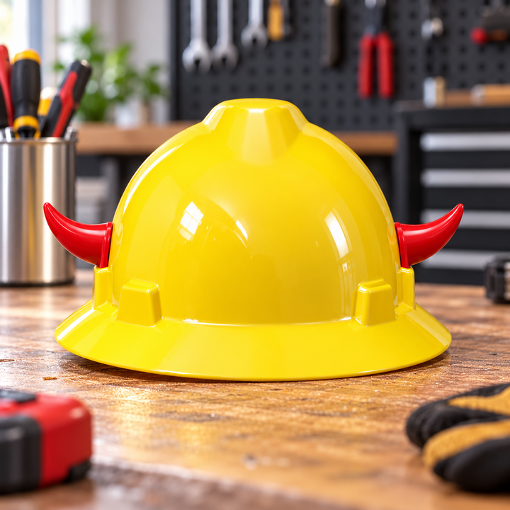 Pair of red novelty horns displayed on a yellow hard hat in a workshop