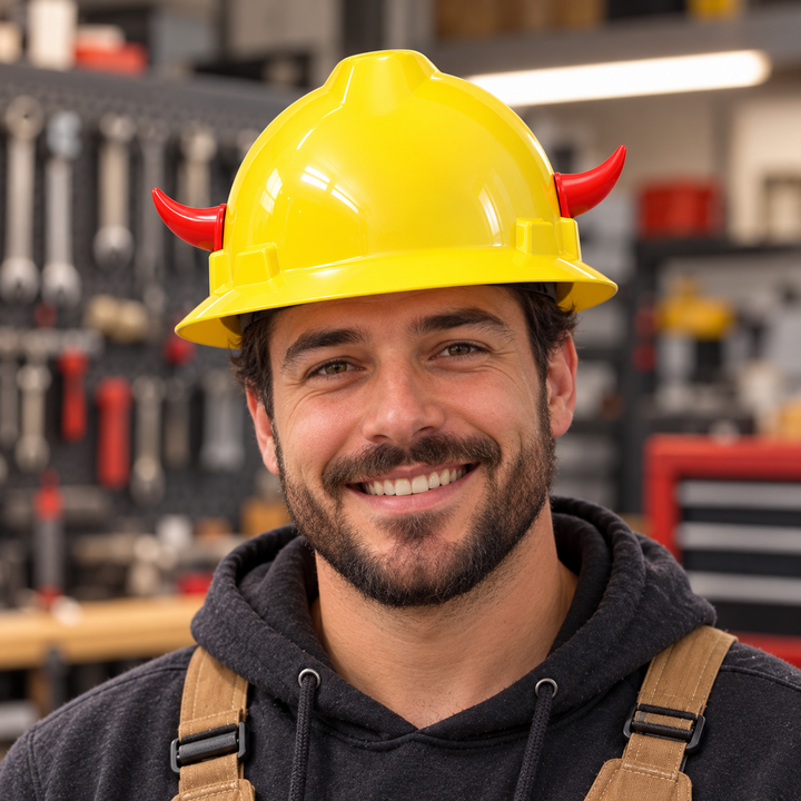 Adult wearing yellow hard hat fitted with red decorative horns