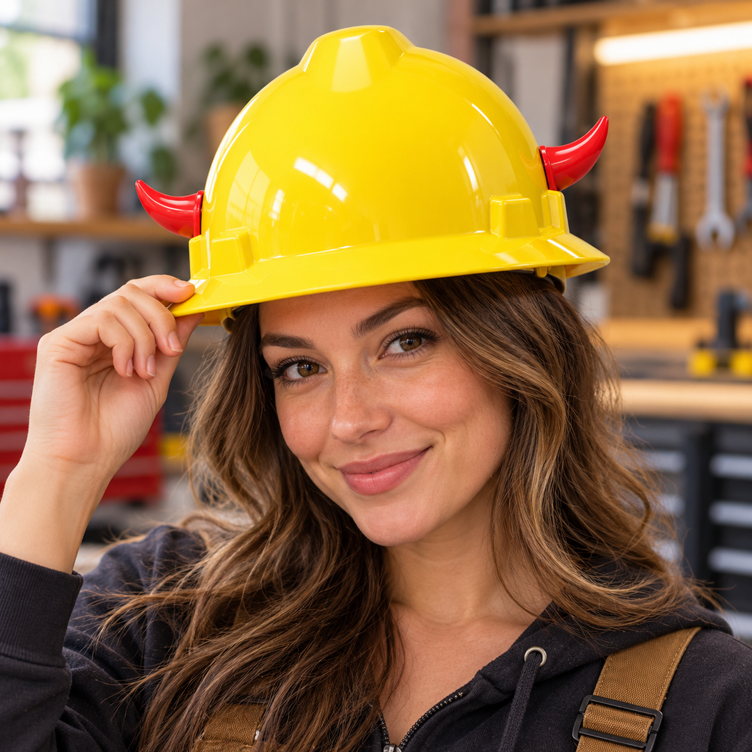 Adult wearing demonstration hard hat with red curved decorative horns