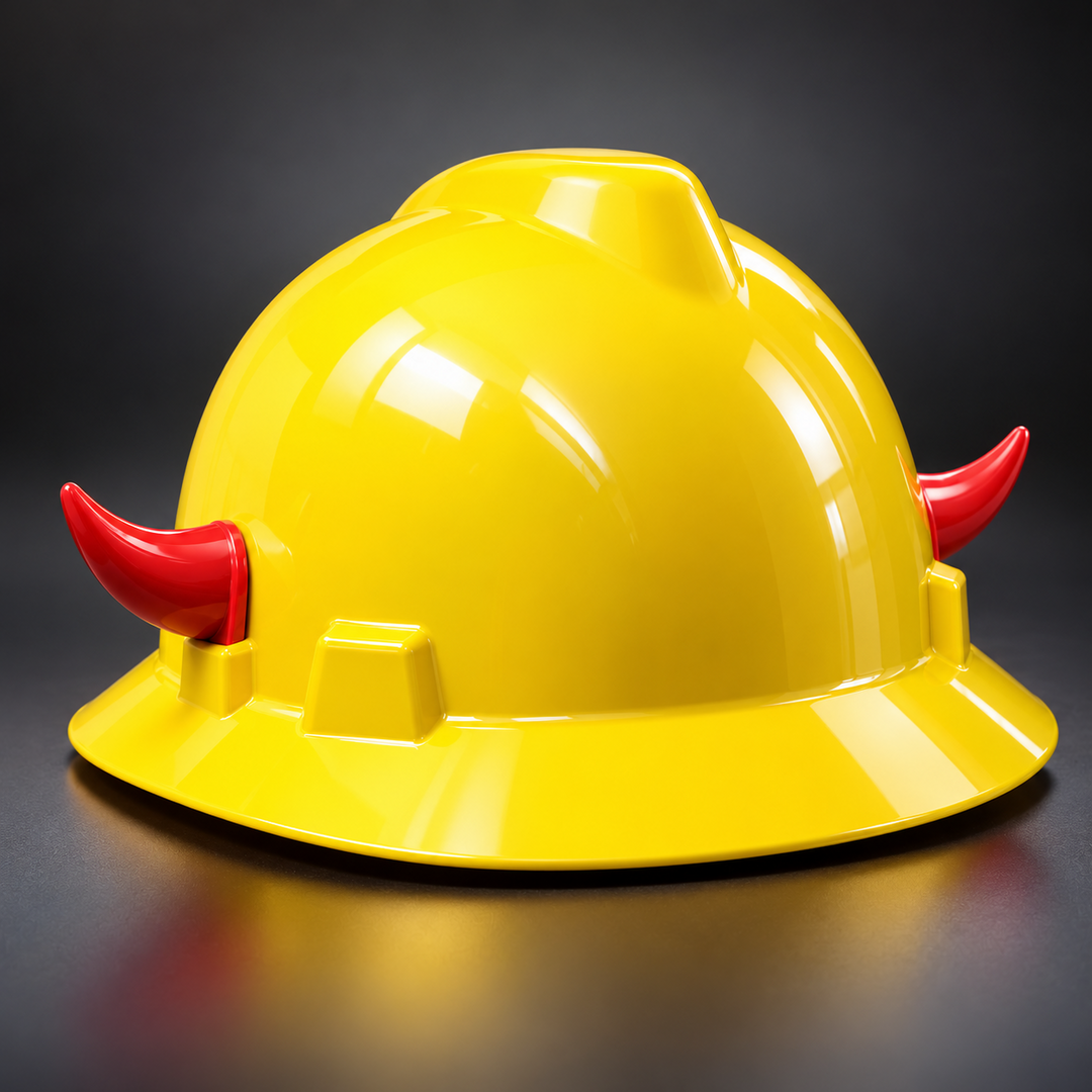 Decorative red curved horns on yellow demonstration hard hat against dark backdrop