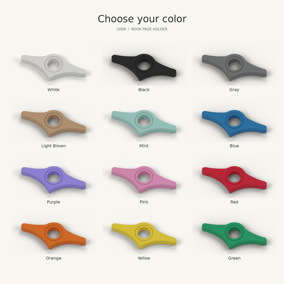 Book page holder color examples in white, black, gray, light brown, mint, blue, purple, pink, red, orange, yellow and green