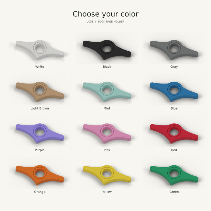 Book page holder color examples in white, black, gray, light brown, mint, blue, purple, pink, red, orange, yellow and green