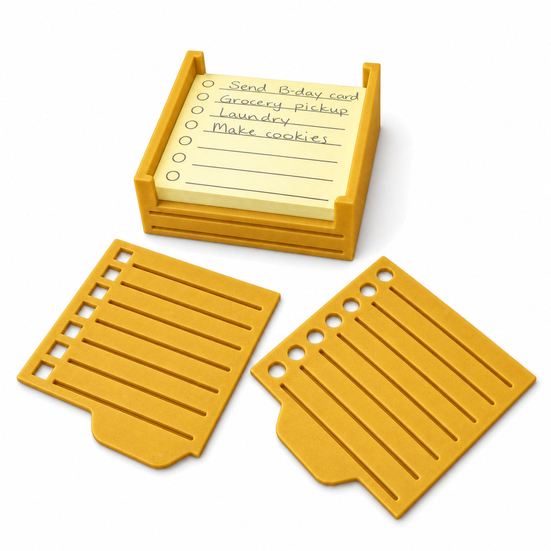 Gold sticky note holder with two stencils; paper not included