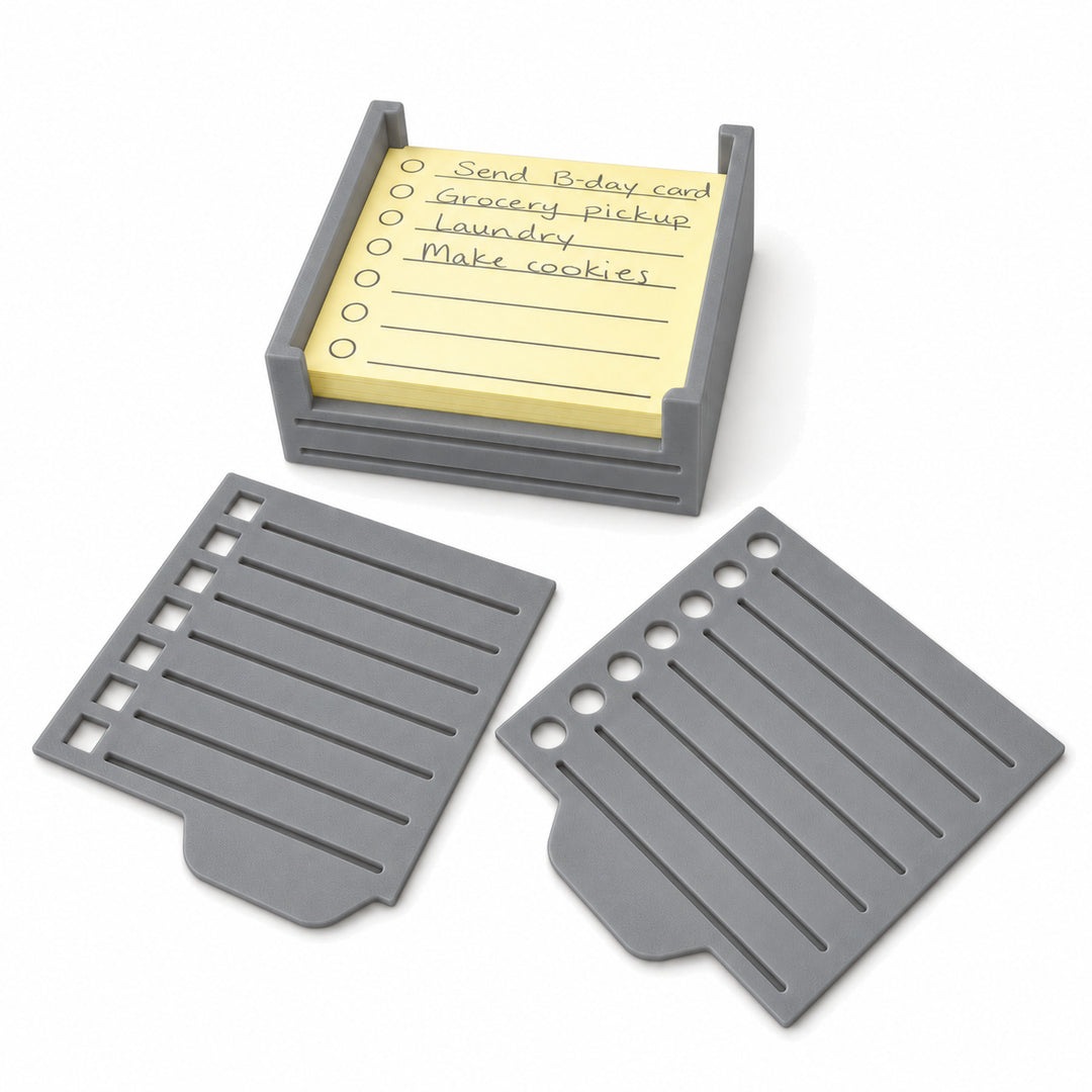 Gray sticky note holder with two stencils; paper not included
