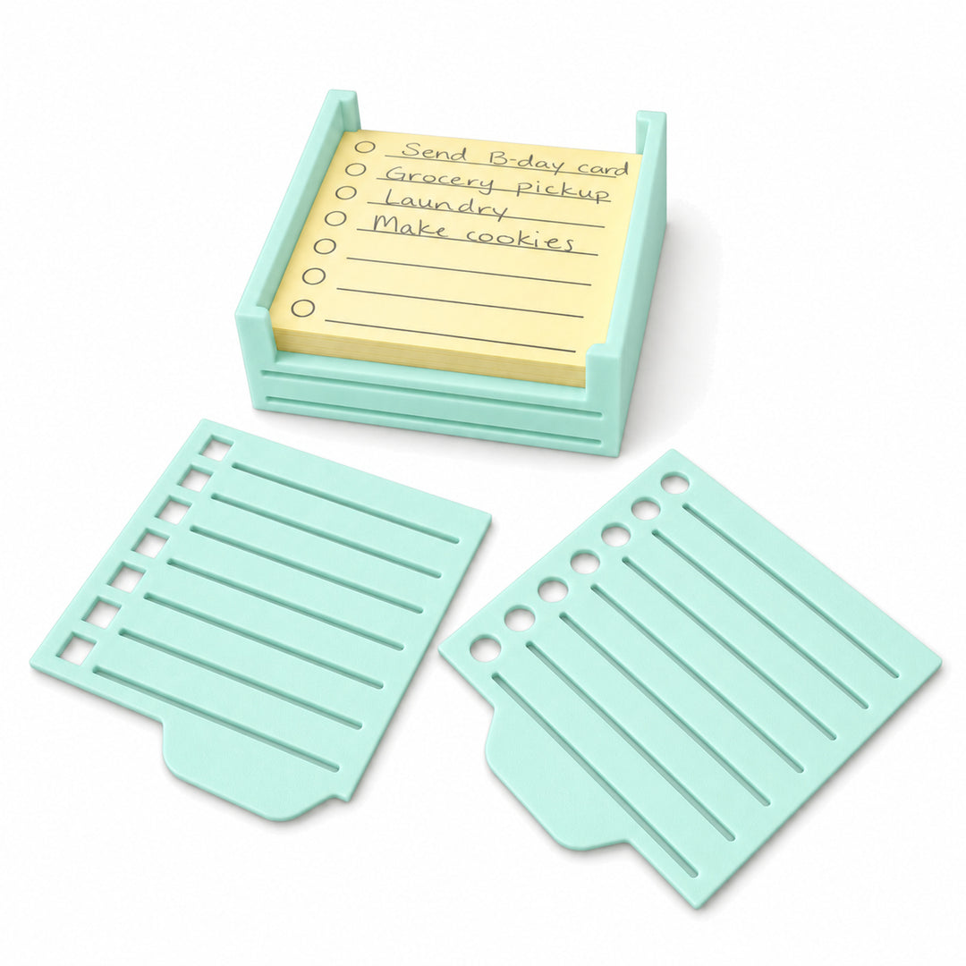 Mint sticky note holder with two stencils; paper not included