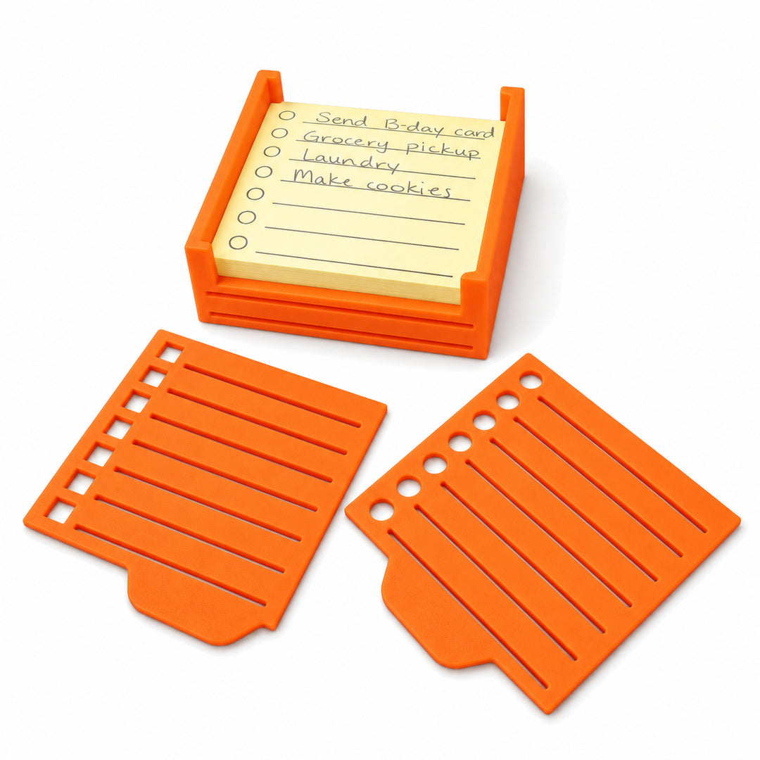 Orange sticky note holder with two stencils; paper not included