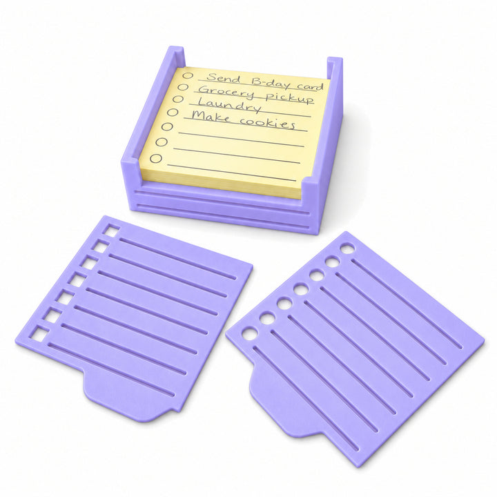 Purple sticky note holder with two stencils; paper not included