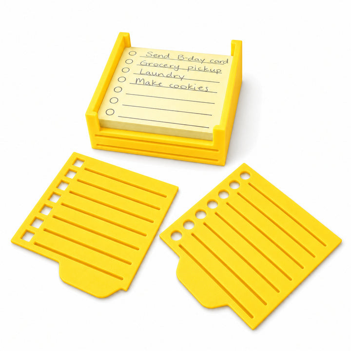 Yellow sticky note holder with two stencils; paper not included