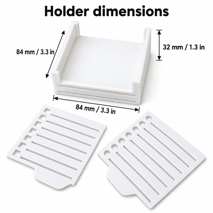 Holder dimensions: 84 x 84 x 32 mm; 3.3 x 3.3 x 1.3 inches