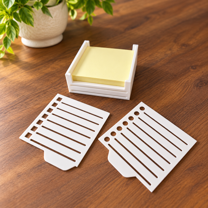 Sticky note holder with two checklist stencils; sticky notes and pen not included