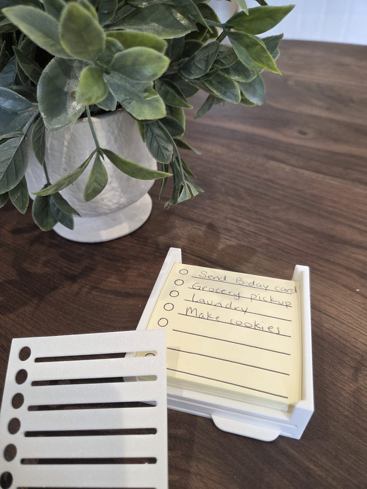 Sticky note holder with two checklist stencils; sticky notes and pen not included