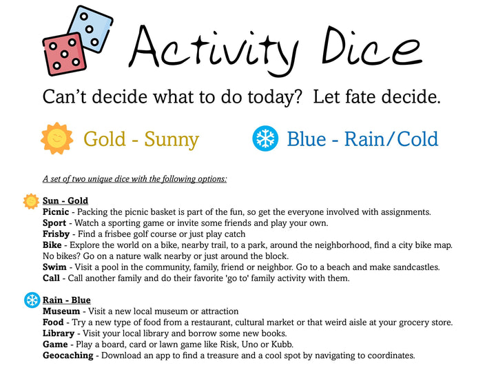 Family Activity Dice | Set of 2 Unique Large 1.4" Dice | Let Fate Guide Your Fam