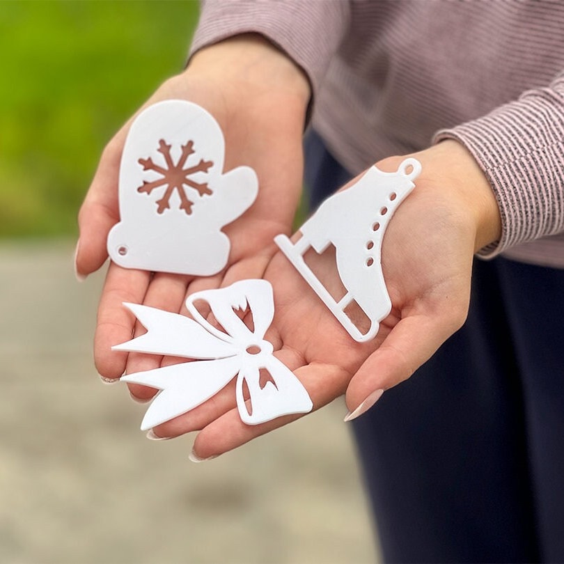 
  
  Set of 3 Unique Christmas Tree Ornaments | Bow, Ice Skate, Mitten Glove
  
